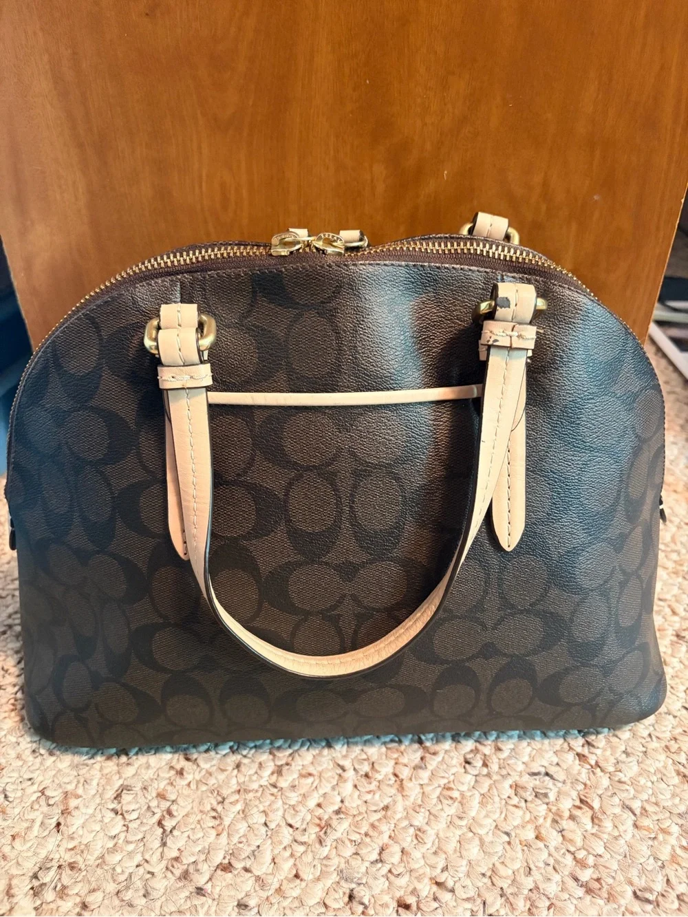Coach Brown Signature Dome Satchel with Tan Trim and Handles